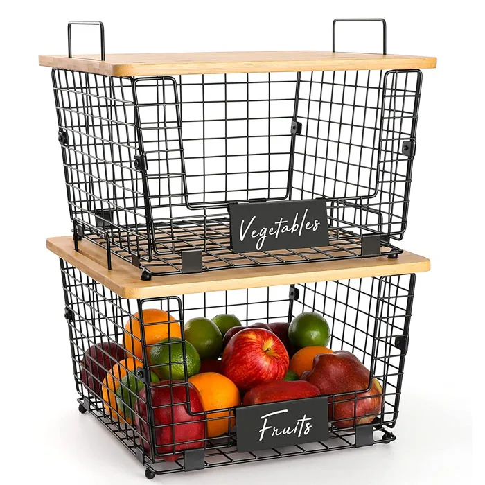 Factory Price 2 Set Stackable Wire Basket with Bamboo Top Fruit Basket for Kitchen Metal Wire vegetable  Baskets