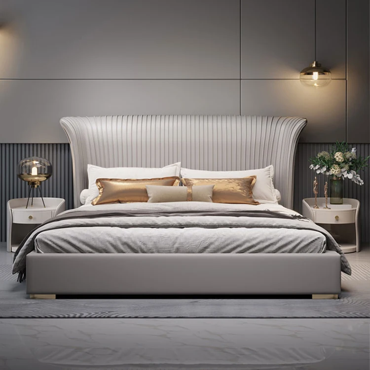 New design for corrugated art Luxury genuine/synthetic leather bed Contemporary art Bedroom furniture king size bed
