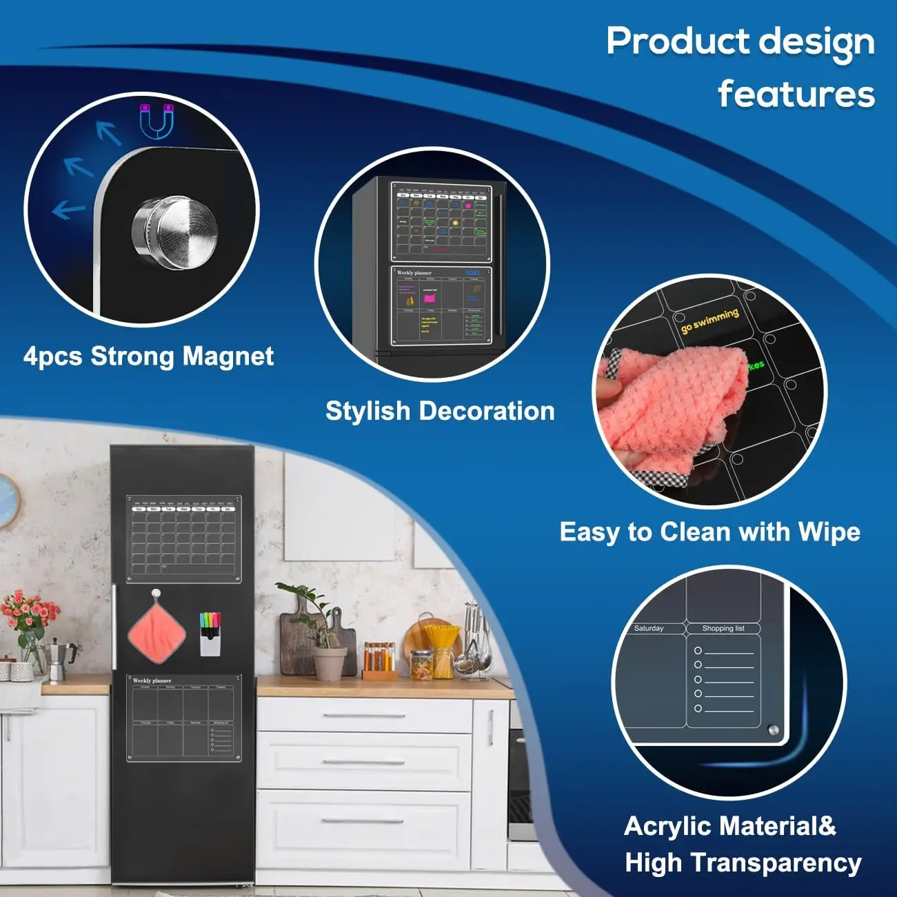 Acrylic Magnetic Menu Board for Fridge, Reusable Weekly Planner, Erasable Memo Whiteboard and Dry Erase Kitchen Board(2 Pack)