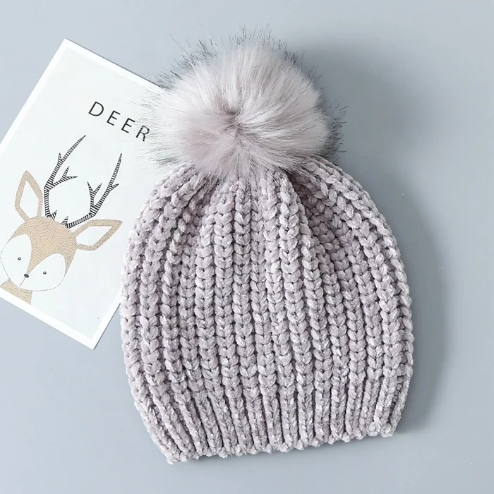 real factory made High Quality chenille winter hat women beanie with pompom for women girls female