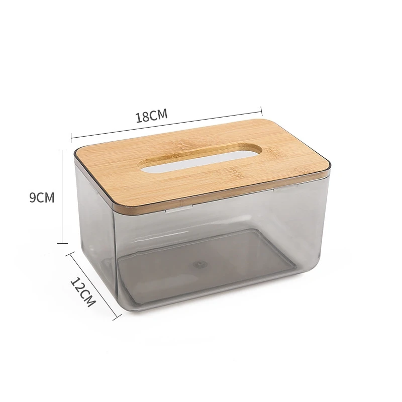 Rectangle Tissue Box with Bamboo Lid/Wooden Lid Desktop Tissue Holder Clear Plastic Toilet Paper Holder 3 sizes
