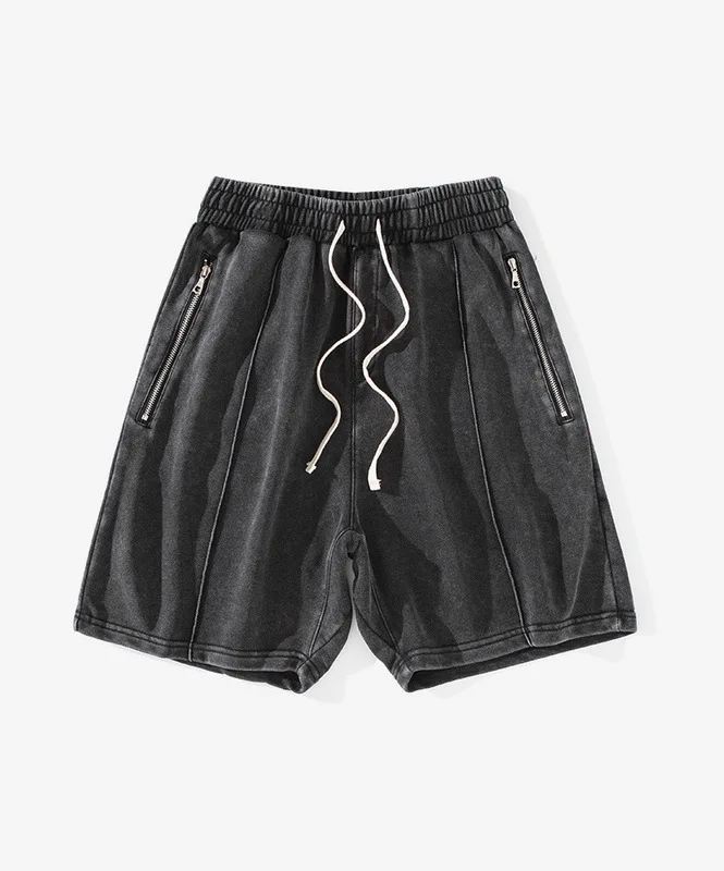 Mens casual acid wash shorts french terry cotton shorts with zip pocket high street fashion vintage clothingA