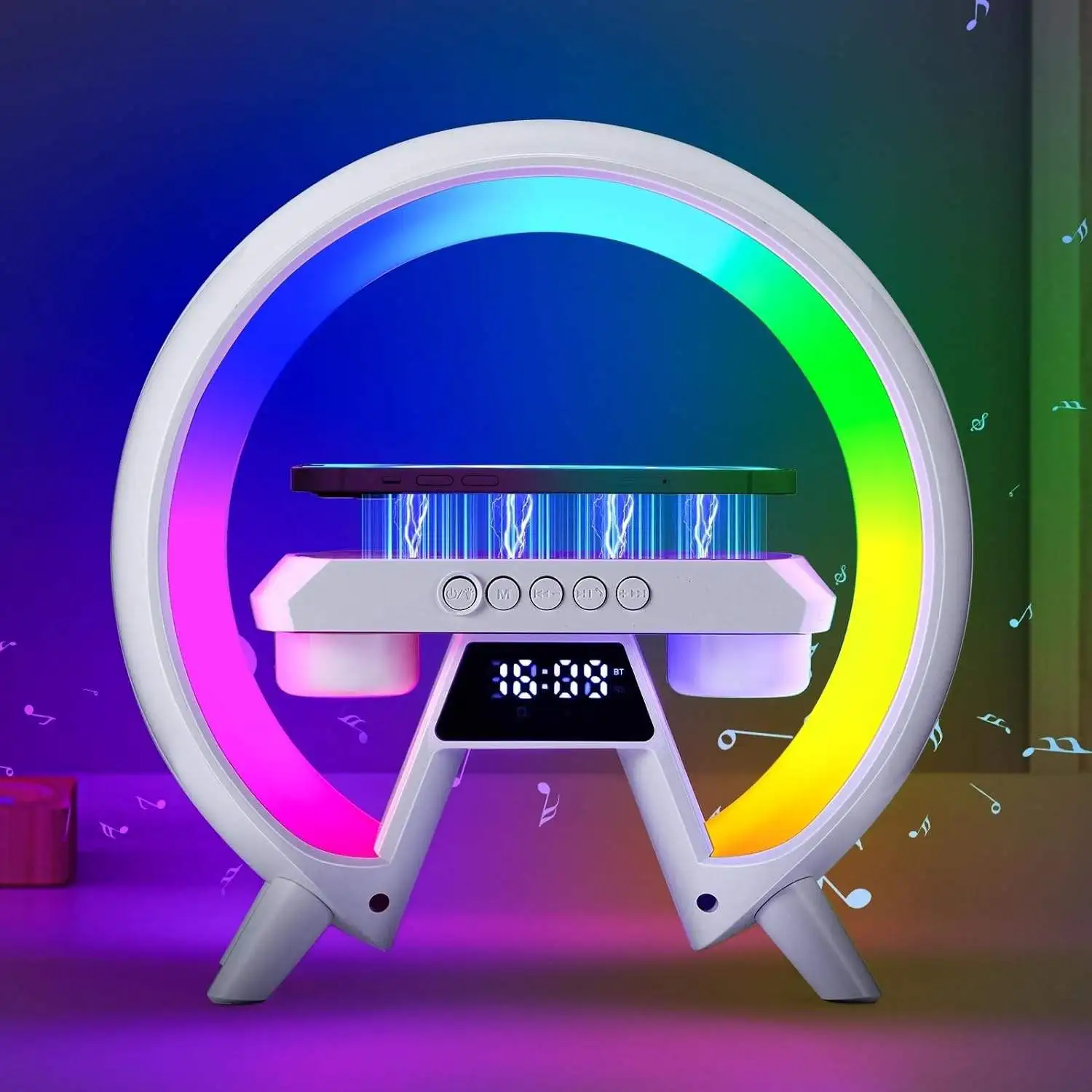 Wireless Fast Charging Dock Station Bluetooth Speaker Alarm Clock Desk Lamp RGB Colorful Light Charger for Smartphone