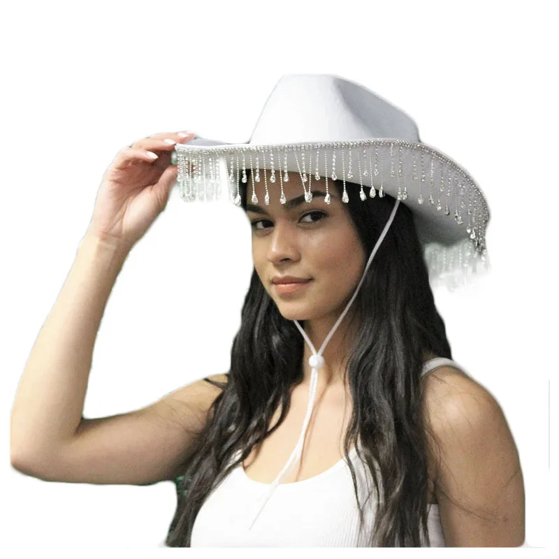 Pink Cowgirl Hat With Rhinestone Fringe Design Wide-Brim Cow Girl Hats Bride Party Western Cowboy Hat Costume Accessories