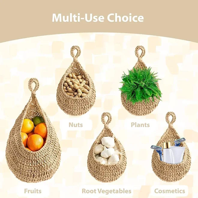 Dropshipping Boho Jute Hanging Basket Wicker Hanging Fruit Basket Handmade Kitchen Pantry Organizer for Fresh Produce Storage