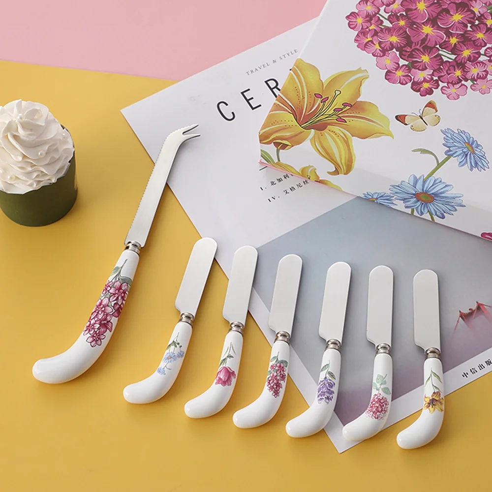 Нож для сыра из нержавеющей стали, нож для масла, набор из 7 предметов, керамическая ручка, столовые приборы