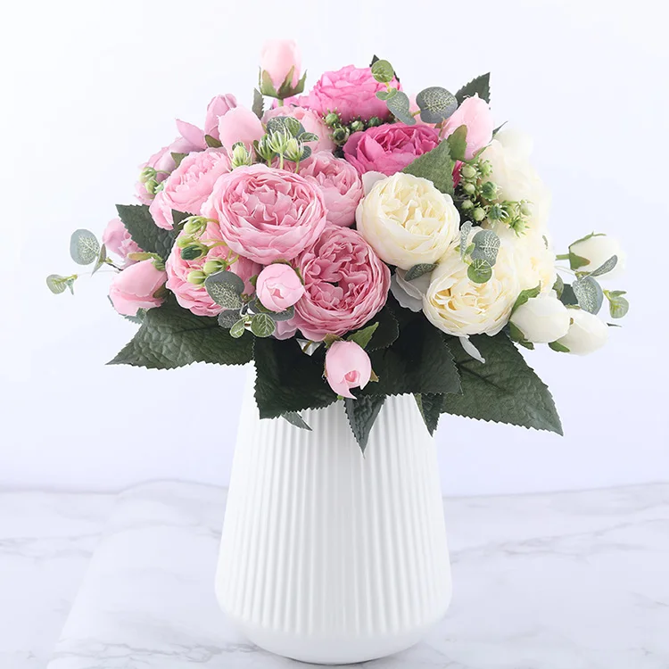 30cm Rose Pink Silk Peony Artificial Flowers Bouquet 5 Big Head and 4 Bud Cheap Flowers for Home Wedding Decoration indoor