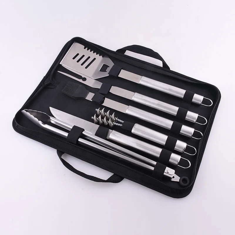 Hot sell heavy duty high quality full stainless steel outdoor charcoal 6PC bbq grill tools set with carry bag