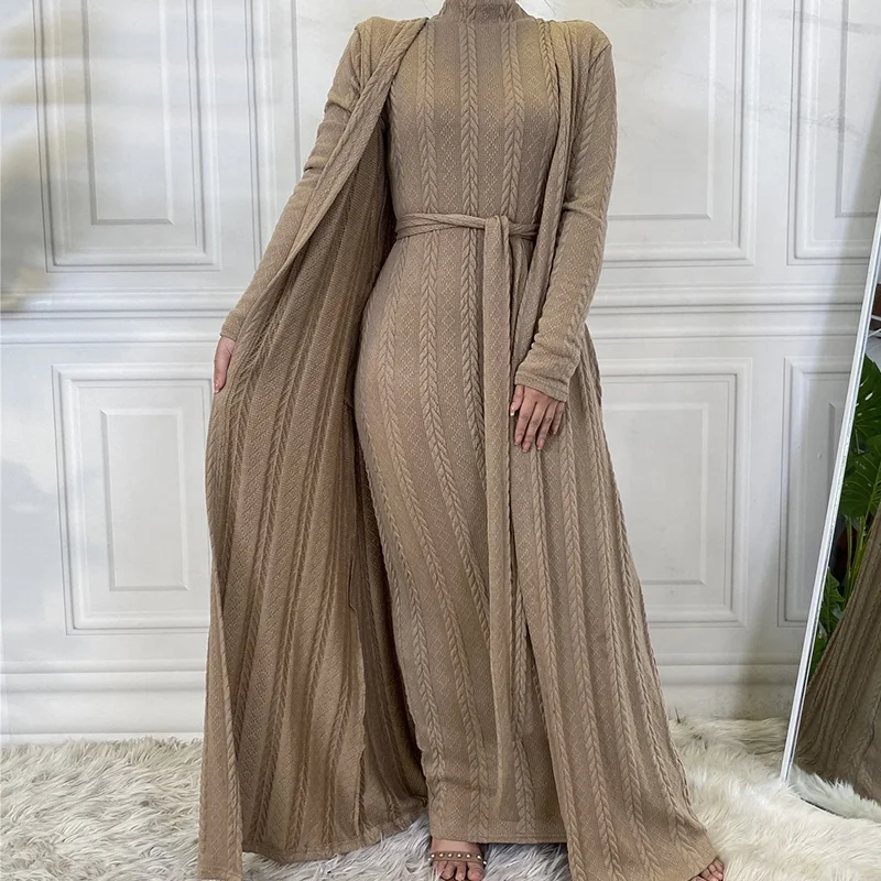Новейший дизайн трикотажные тонкие облегающие длинные зимние пальто с мехом для женщин мусульманин открытым абайя Исламская одежда 6 видов цветов Осенняя коллекция