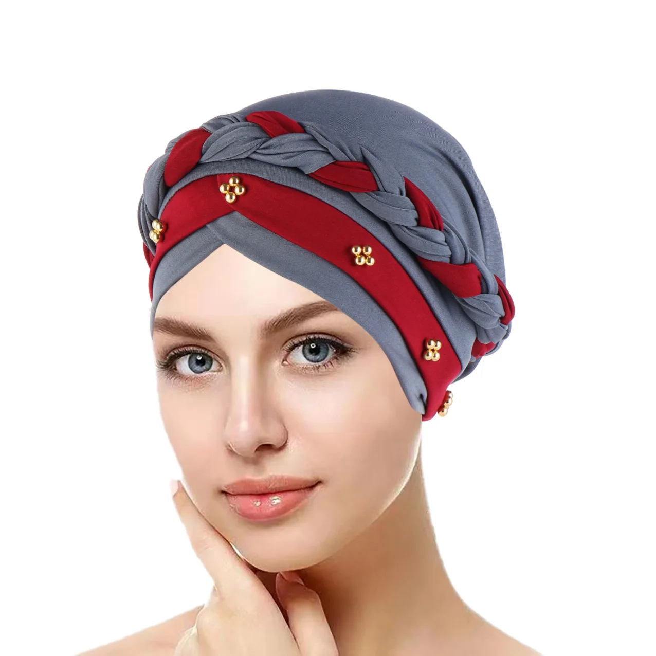 Muslim European and American Hair Hide Women Turban Solid Color Hat India in Stock Ladies Braid Contrast Color Cap
