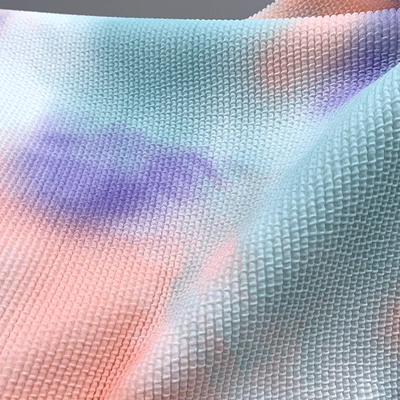 tie dyed printed 4 way stretch knitted polyamide elastane seersucker pleated crinkle fabric bathing suit