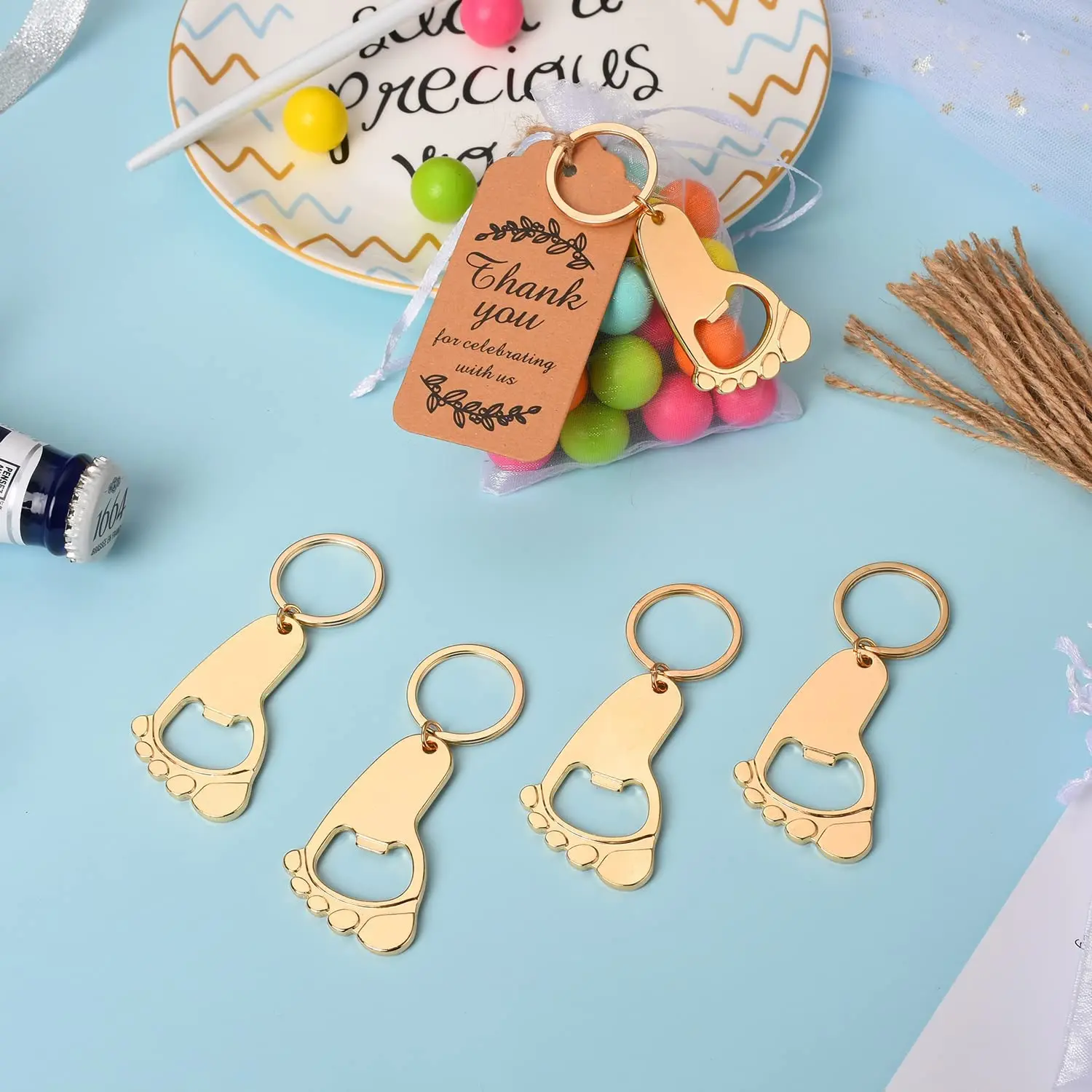 Golden Footprint Key chain Bottle Opener Baby Shower Favors Souvenirs with Organza Bags and Thank You Tag