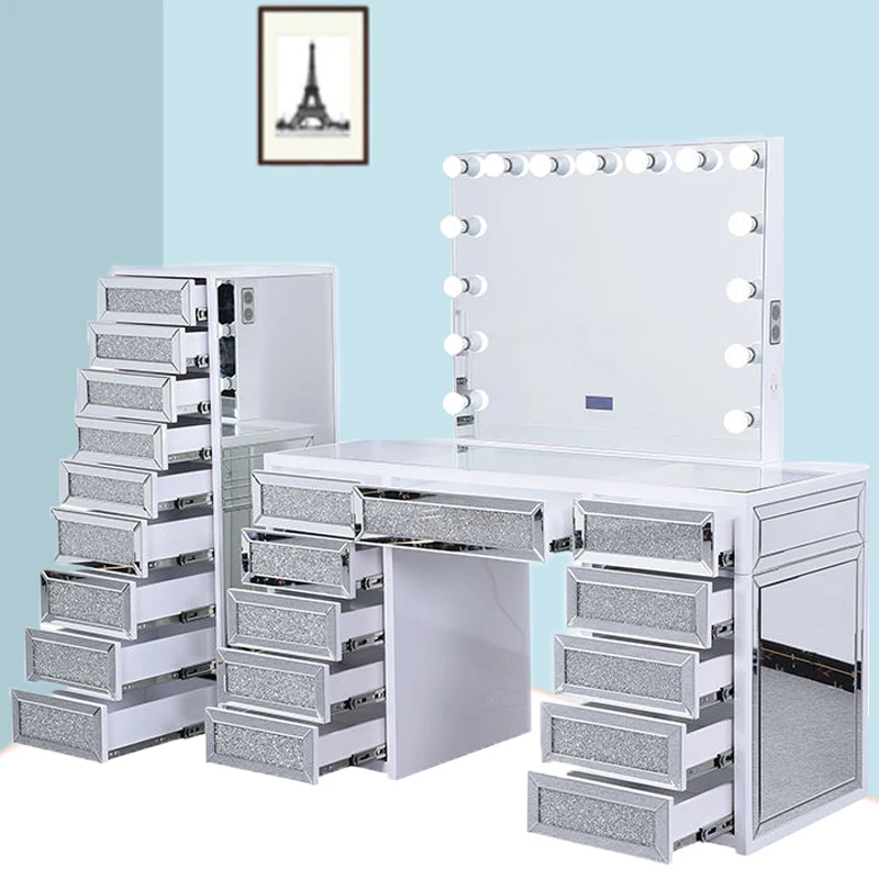 Modern Bedroom Furniture Crushed Diamond Vanity Dressing Table With 15 Led Bulb Make up Mirror