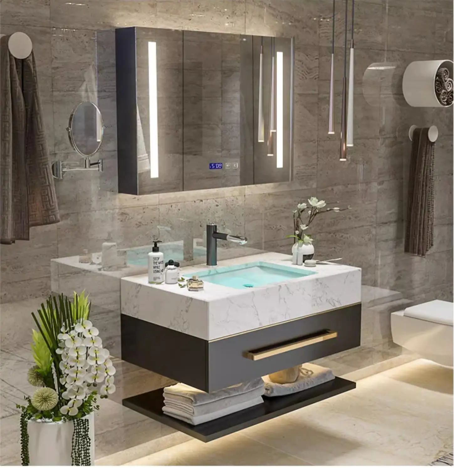 Modern european wall mounted wood bathroom vanity  set with double sink,Washbasin Cabinet