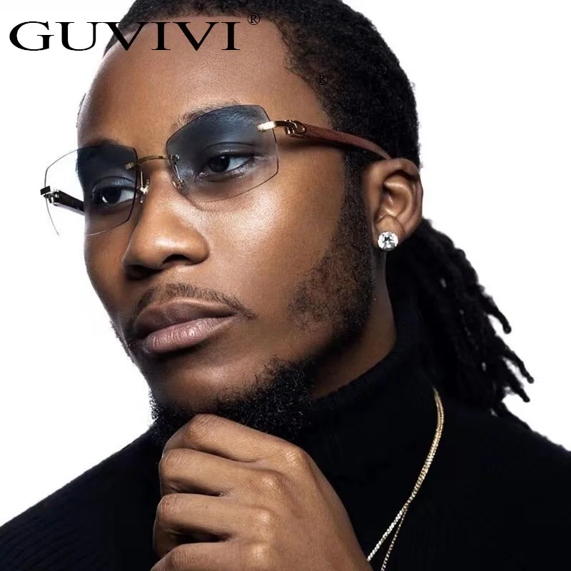 GUVIVI  2021 Small Frame Rimless Shades Sunglasses Luxury Brand Designer Men Fashion Wood Frame Women Eyewear Optical Frame