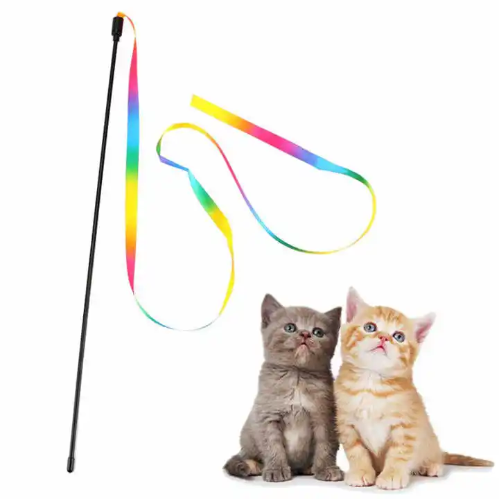 JR Double side Rainbow Multi color Interactive Cat Toy Funny Ribbon Toys wand Play Sticks for Kitten Pet Teasing Cats
