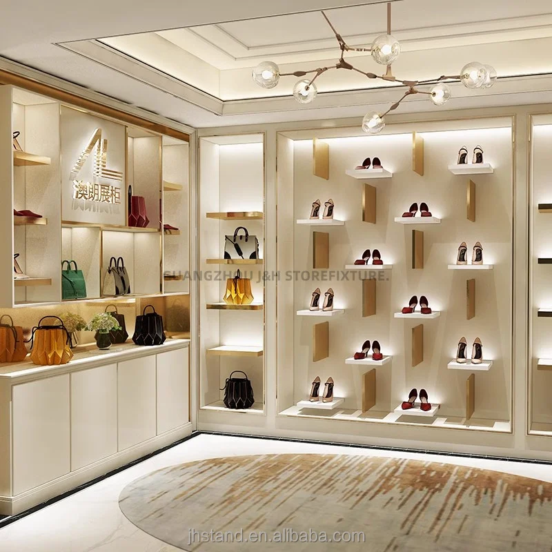 Factory shoes rack clothes display store 3D design custom wall shelves display table shoes box bag book shelf wall gold shelf