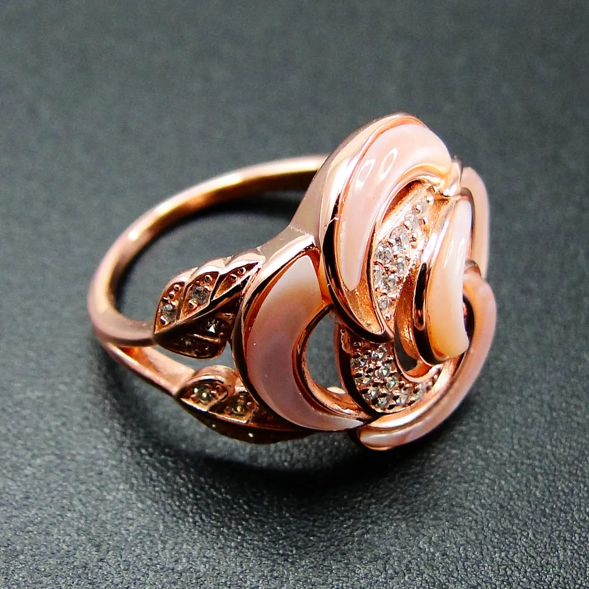 Beautiful 14K Rose Gold Kabana Inlay Pink Mother Of Pearl Engagement Ring Fine Jewelry