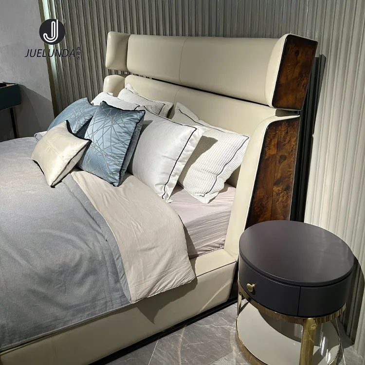 Modern Italian Design High Gloss Wood Veneer Back Frame Upholstered Wingback Bed Grey Upholstered Bed Indian Bed Design In Wood