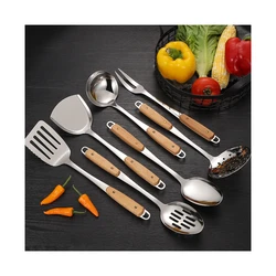 7PCS Stainless Steel Utensils Non-slip Heat Resistant Kitchen Accessories Cooking Tool With Wooden Handle