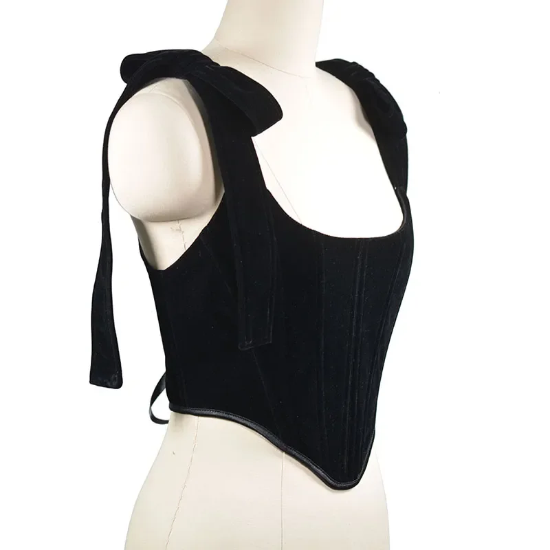 Velvet Retro Bodice Black Lace Bow Camisole Y2k Vintage Velvet Sexy Corset Tops Strappy Halter