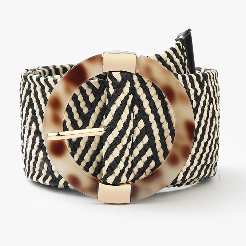 Fashion Wide Waist Bohemia Boho PP Straw Woven Elastic Stretch Belt For Women Dress With Resin Buckle Straw Woven Belt