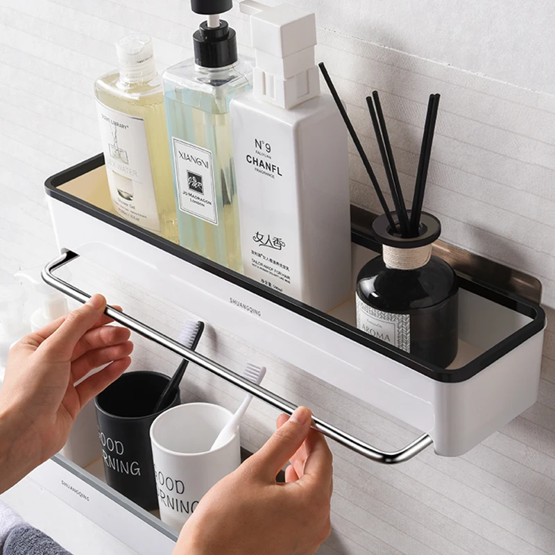 Bathroom Shelf No Drilling Plastic  Organiser Telescopic Towel Rack Shower Shelf Caddy Wall Mounted Adhesive