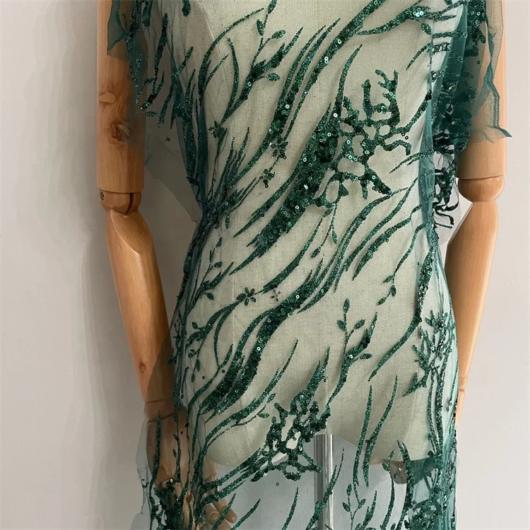 New emerald green sequin lace glitter mesh tulle fabric for evening dress