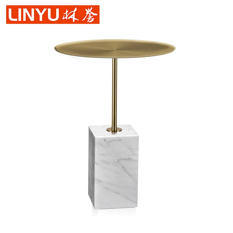 Entry lux titanium gold brass plated stainless steel french metal round circle top tray white caraca marble block side table
