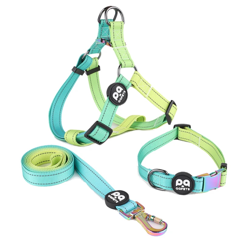 2024 hot selling custom reflective dog harness matching collar leash ombre pet chain strap para perros dog anti-pull harness