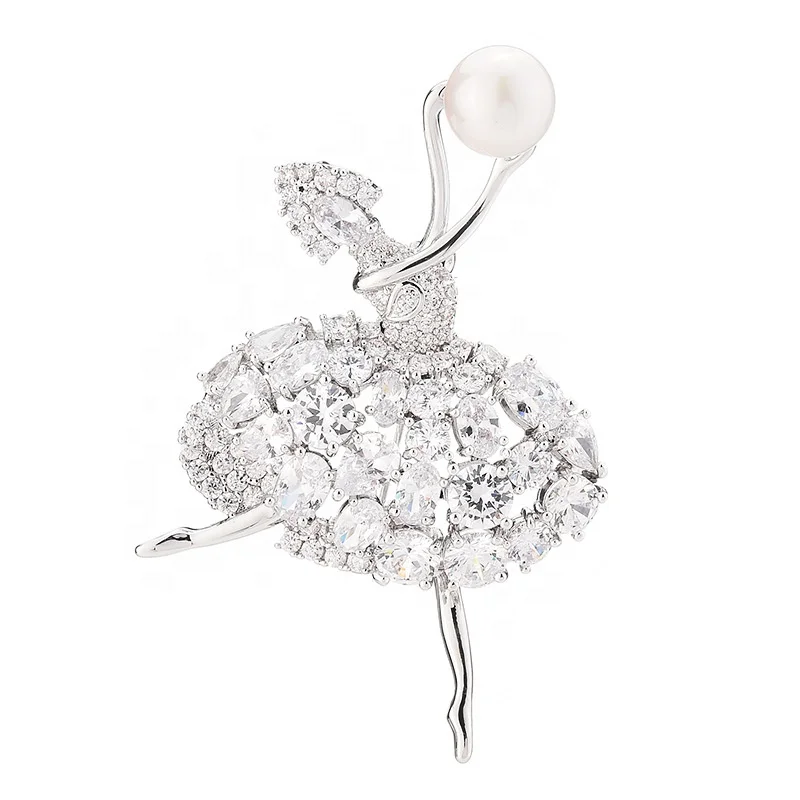  Luxury Ballet Dancer Girl Brooch Cubic Zirconia Diamond Stone With Pearl Fancy Korean Cute Pin For Women Party