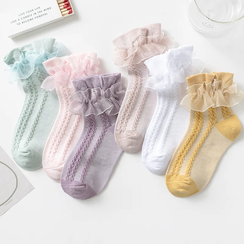 Wholesale new born baby girl lace anti-slip ankle socks solid color soft cotton dance socks for kids