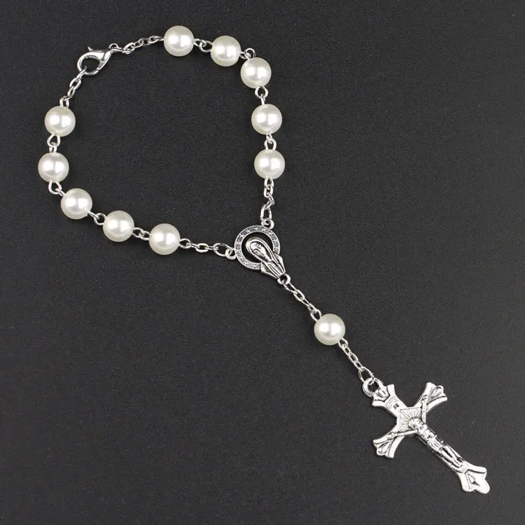 Hot selling accessories catholic rosary bracelet white imitation pearl christ cross jesus virgin bracelet wholesale