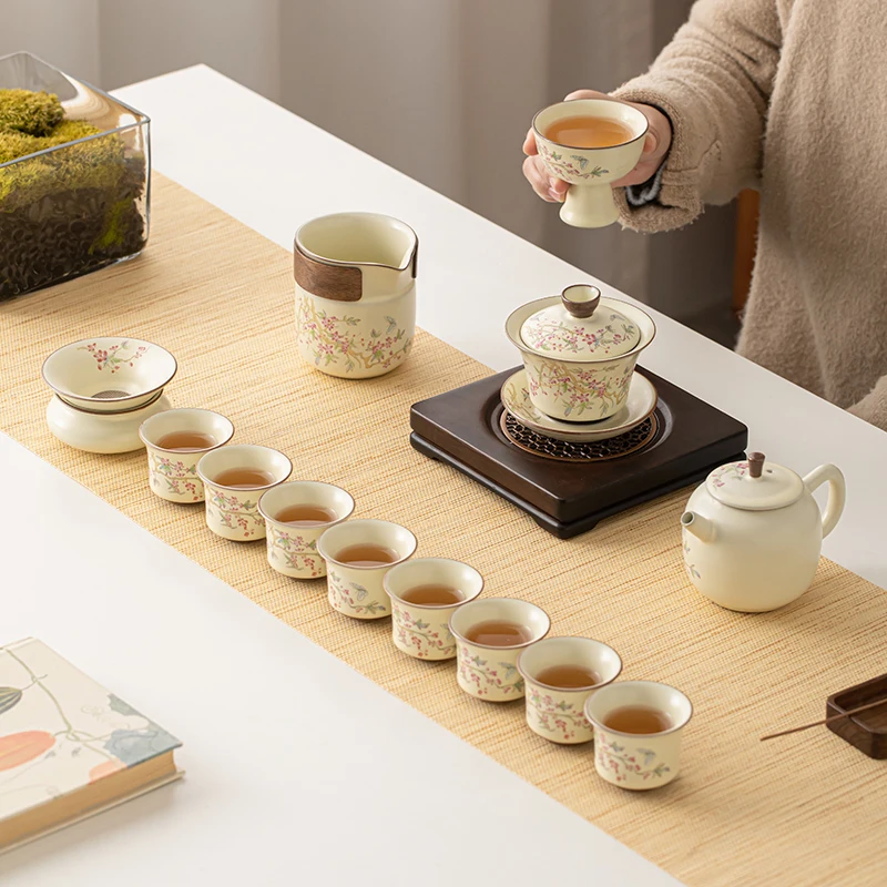 Traditional Chinese Wisteria Flower Ru Kiln Kung Fu Tea Set Ceramic Home Living Room Office Bowl Teapot with Gift Box Wholesale