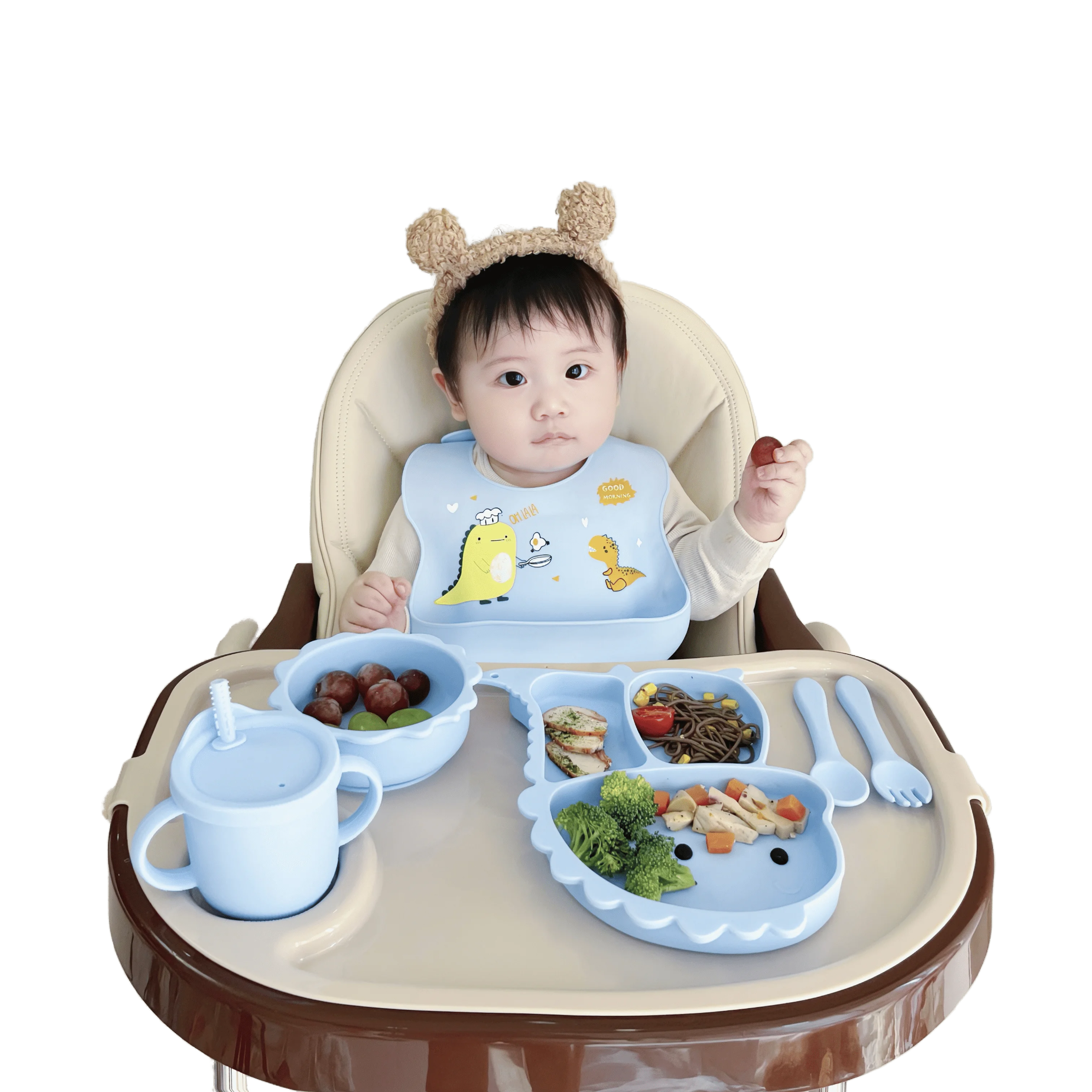BSCI Certified Wholesale Customizable Non Toxic Food Grade Silicone Power Suction Cup Bowl Spoon Bib Baby Feeding Tableware Set