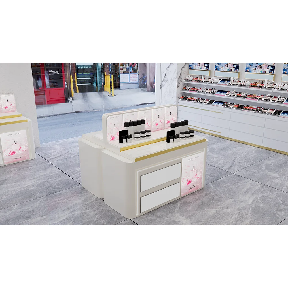 Custom logo led perfume display shelf stand beauty salon white cosmetic make up display table counter