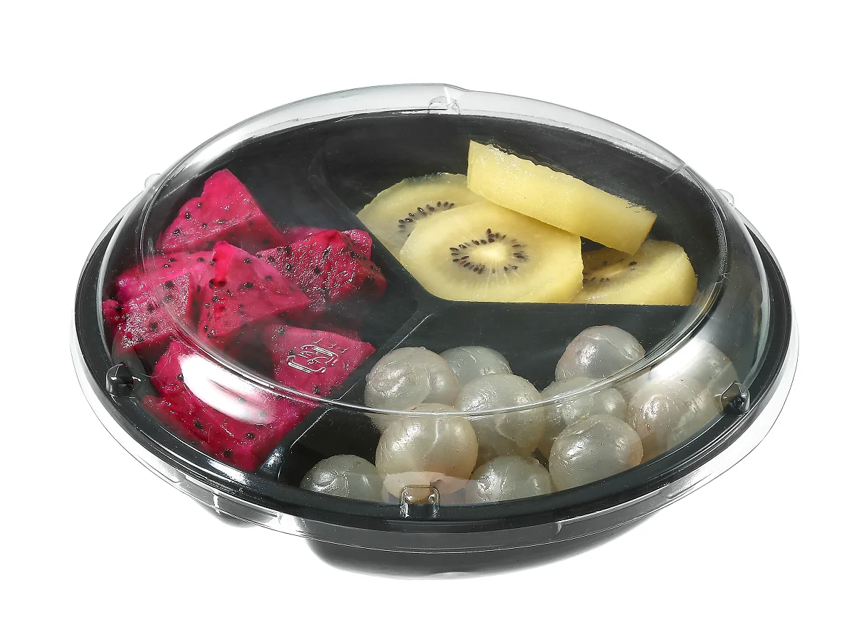 3 Separates Blister Disposable Round Plastic Fruit Salad Box take away PET packaging Food Container