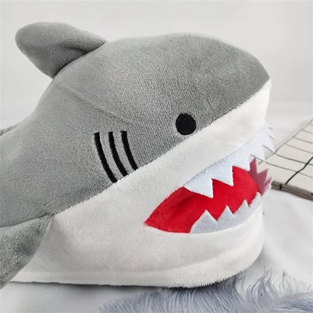 A020 Custom Novelty Slippers Funny Animal Hug Slippers Gifts Cute Plush Soft Cozy Warm Gray Shark Slippers for Women