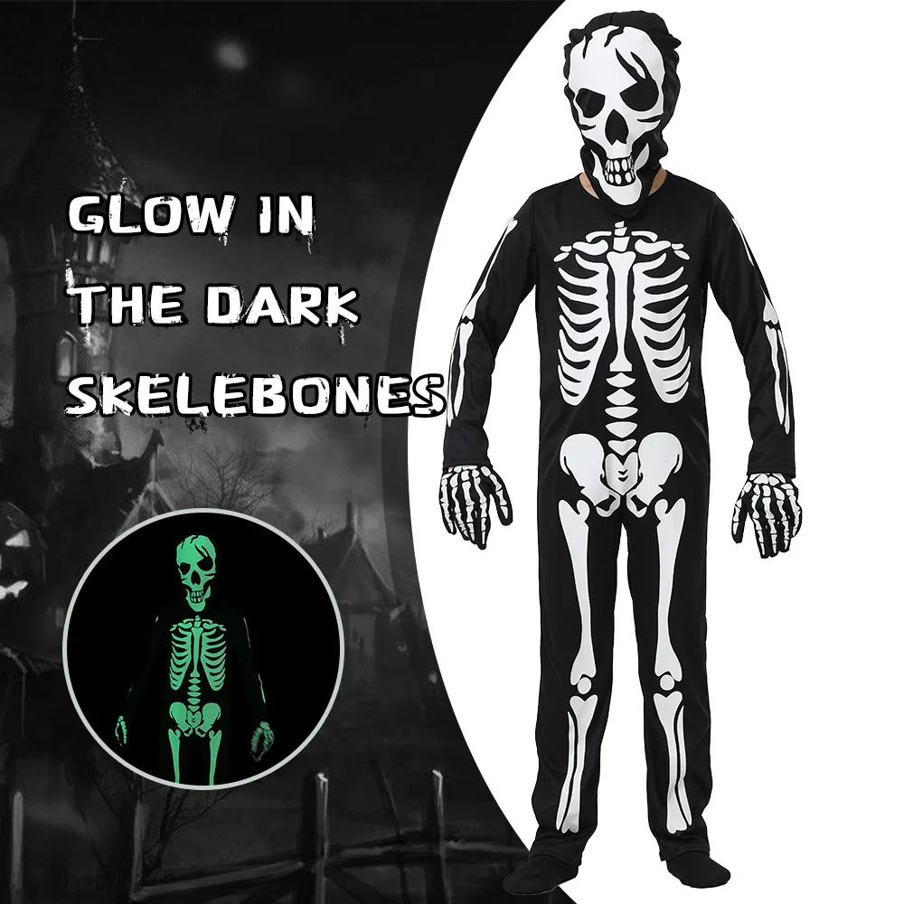 Child Unisex Zombie Skeleton Glow In The Dark Costume Cosplay Jumpsuit Kids Theme Halloween Party Dance Costumes