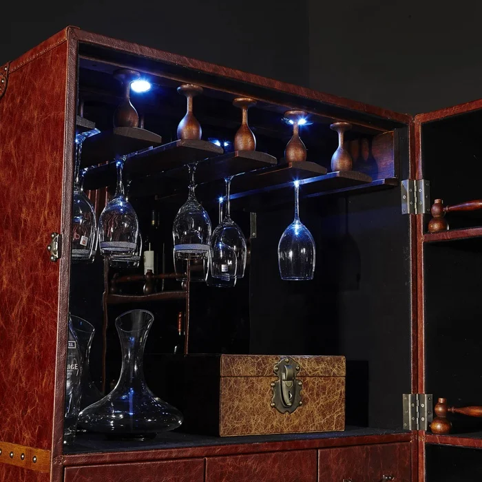 wine cabinet wood tall full top grain leather 2doors living room whisky display cabinet for hotel VIP room villa house