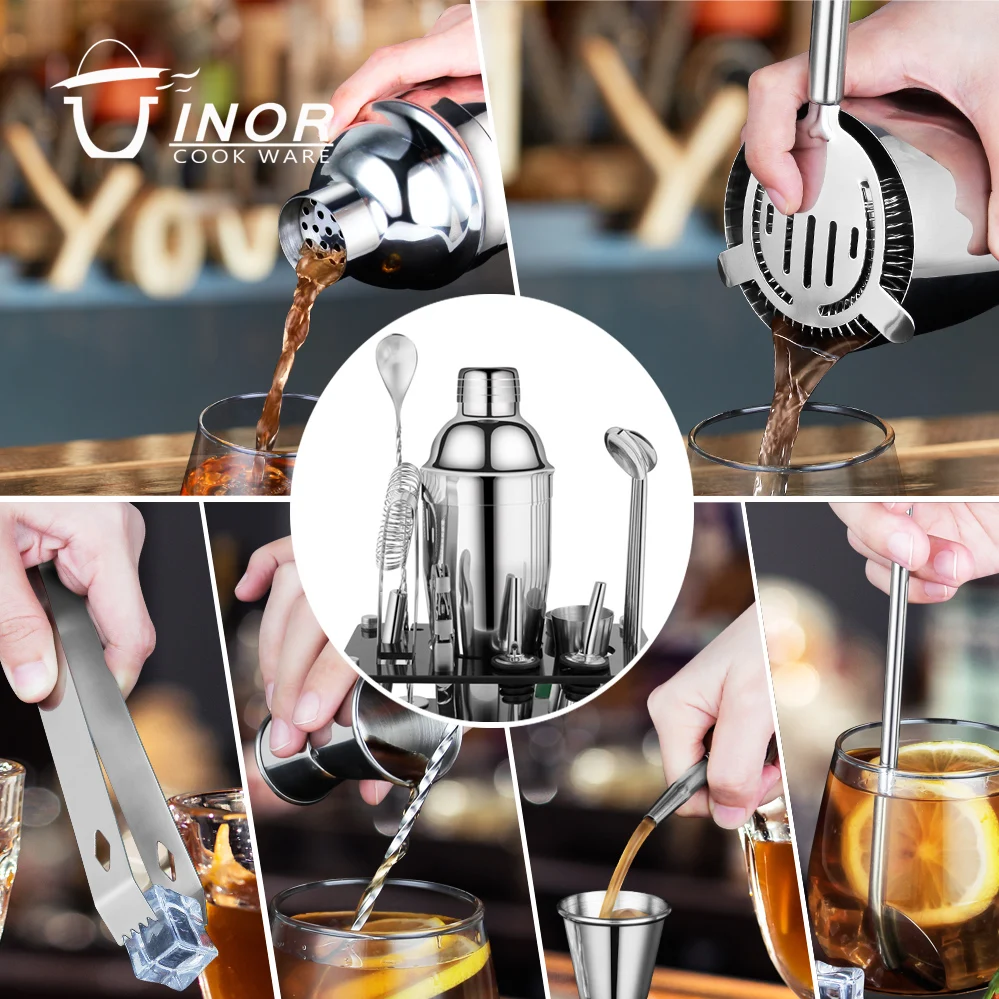 Hot Selling Bar Accessories Tools 14 pcs Stainless Steel Cocktail Shaker Set with Acrylic Stand