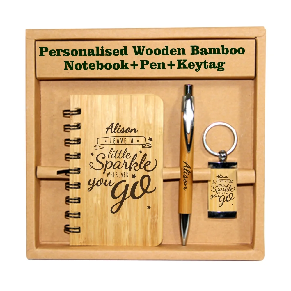 Personalised spiral notebook 70sheets spiral bamboo cover dairy book bamboo stationery set with notebook and key chain