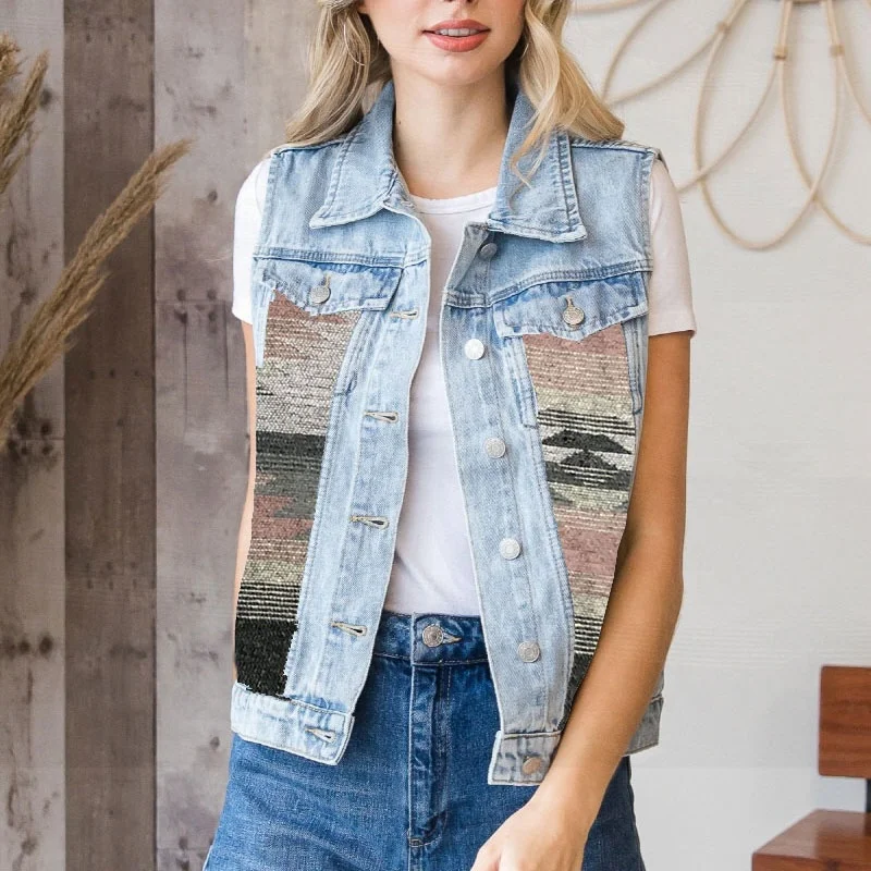 Free Shipping Fashion New Casual Color Block Vest Coat Ladies Denim Jacket Aztec Denim Vest