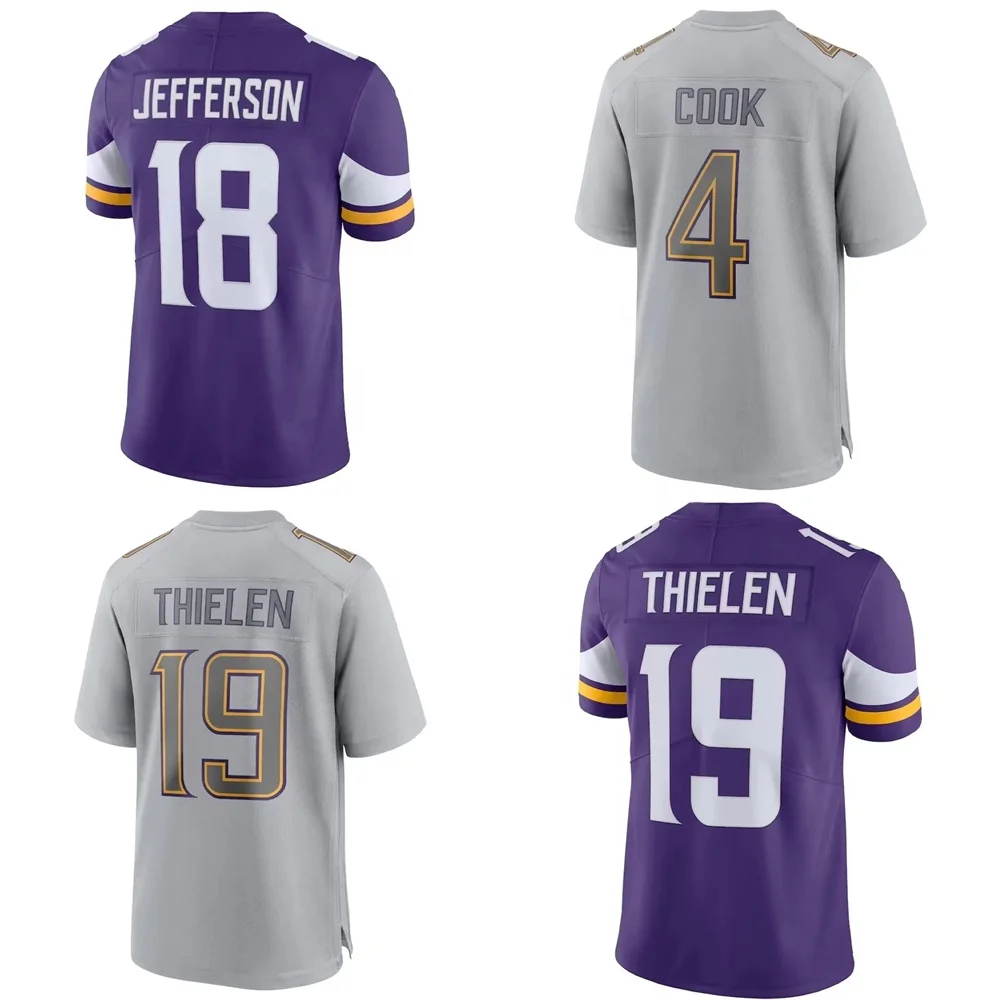 Горячая Распродажа, игровая футболка команды Minnesota City, сшитая, американский футбол, Мужская Униформа команды викингов s фиолетового цвета #18, Джефферсон 33, готовка 19, тилин