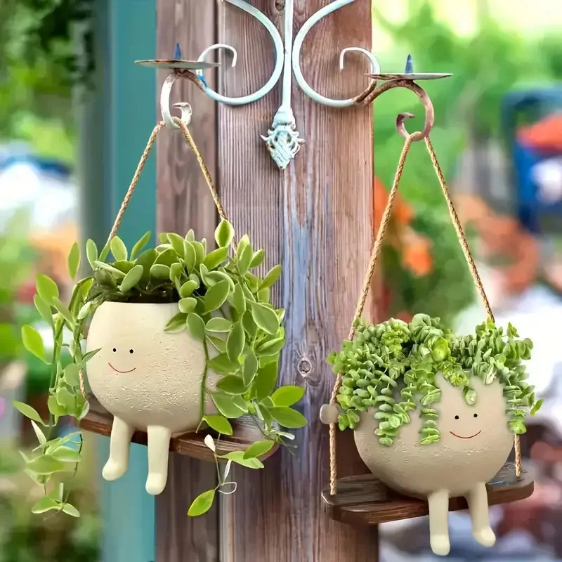 Pop cute smiley face swing flower pot decoration personality cartoon vase resin decoration succulent Hanging flower pot