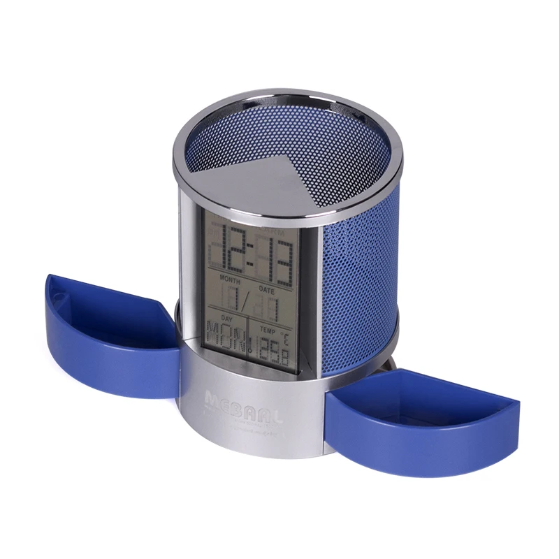 BolerGifts Digital LCD Desktop Alarm Clock round Mesh Pen Pencil Holder Calendar Timer Temperature Table Plastic 2 Small Drawer