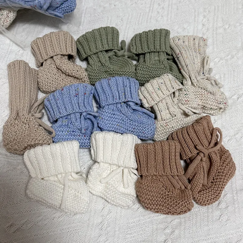 Custom Speckled Cotton Wool Yarn Handmade Crochet Newborn Cable Unisex Kids Shoes Knit Baby Booties
