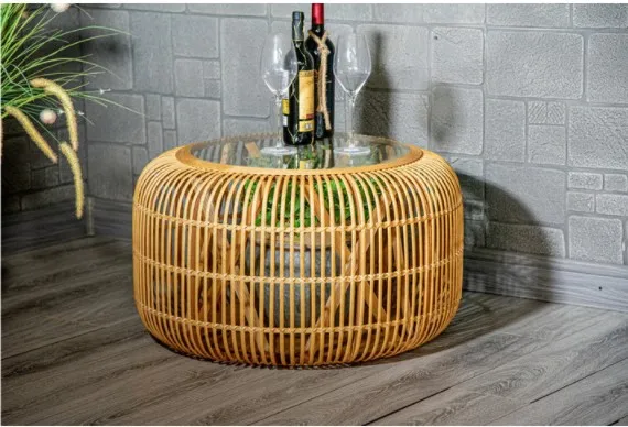 Round rattan art light luxury tea table rattan tea table bamboo woven design can receive small low table rattan stool