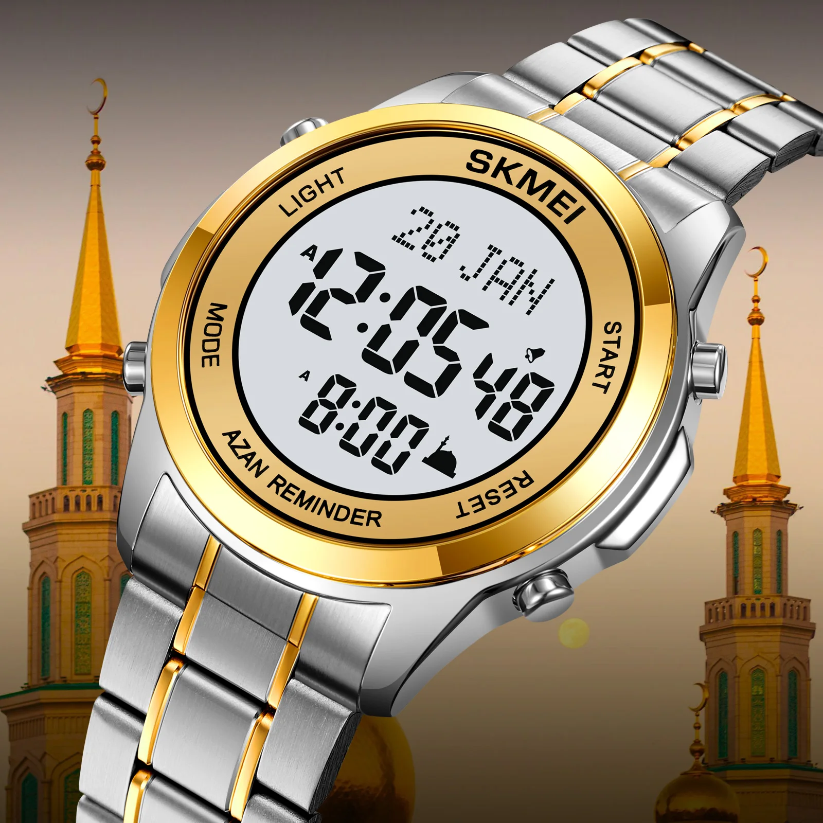 Skmei 2097 Al Azan Wrist Watch for Muslim Prayers Arabic Islamic Qibla Direction Stainless Steel Digital Watches
