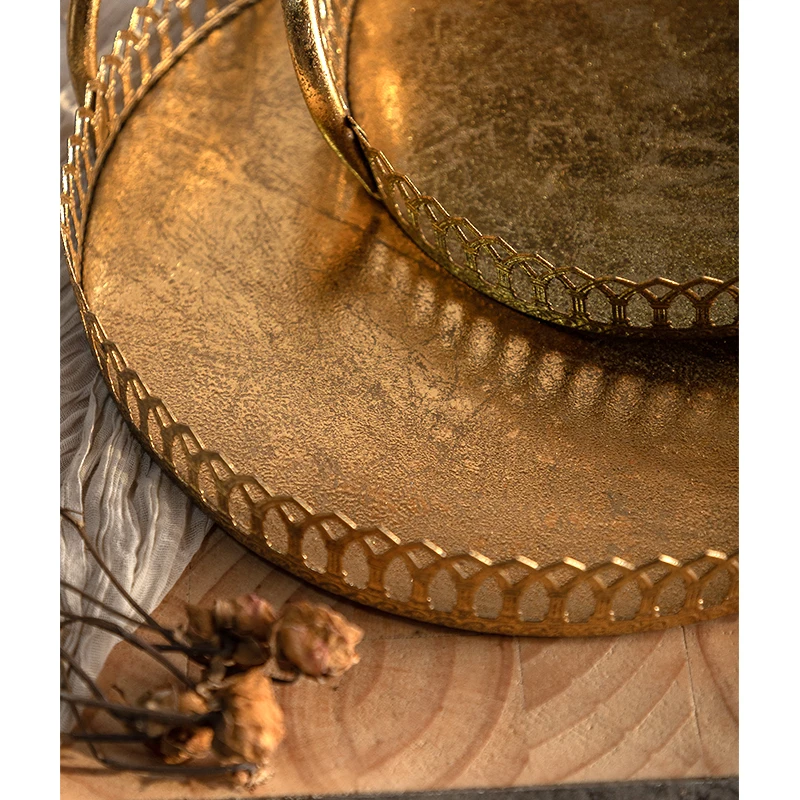 Decorative Tray Retro Gold Metal Round Mirror Tray Iron Vintage Style Decoration Tray Decorative Accents